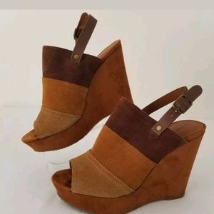 Lucky Brand Tri-Tone Brown Suede Platform Wedge Sandals